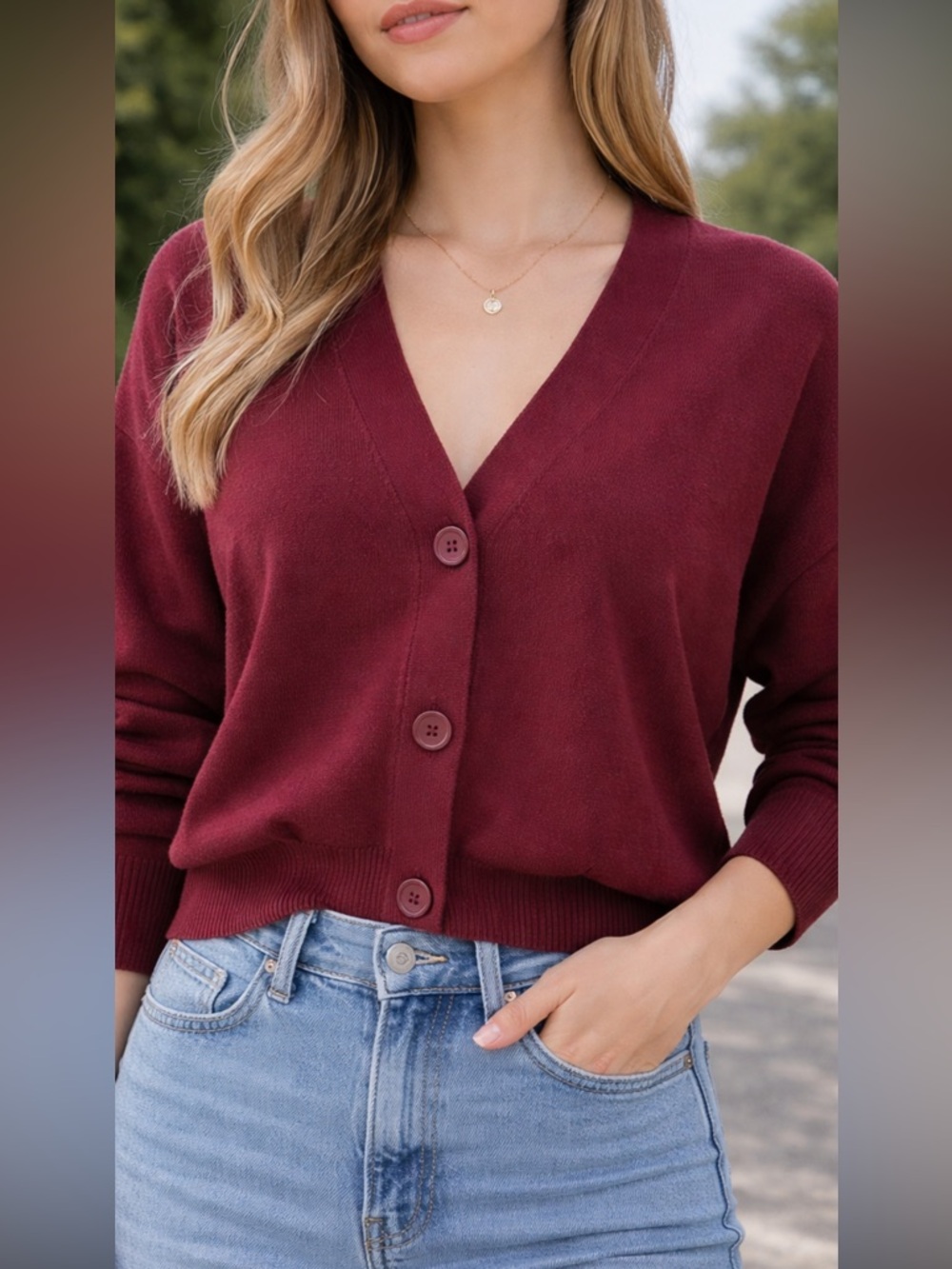 Express Burgundy V-Neck Button Front Cardigan Sweater Women’s M NWT